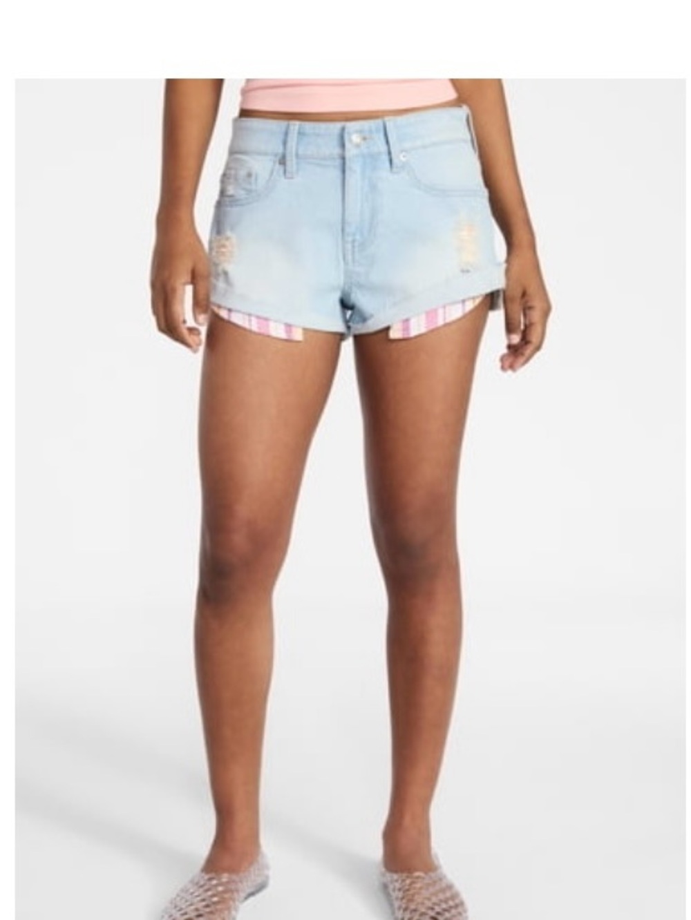 No Boundaries Light Blue Denim Cutoff Shorts with Pink Stripe Trim